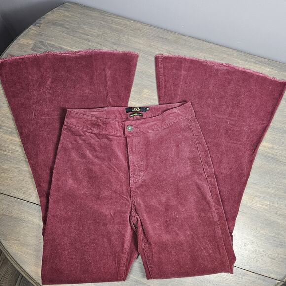 Lucky & Blessed Burgundy Corduroy High Rise Extreme Flare Raw Hem Pants Women’s - Picture 2 of 10